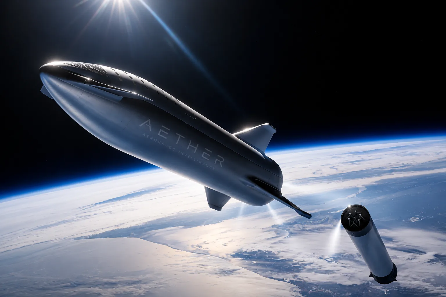 An AETHER vehicle at the edge of Earth in deep space, carrying the AETHER mark
